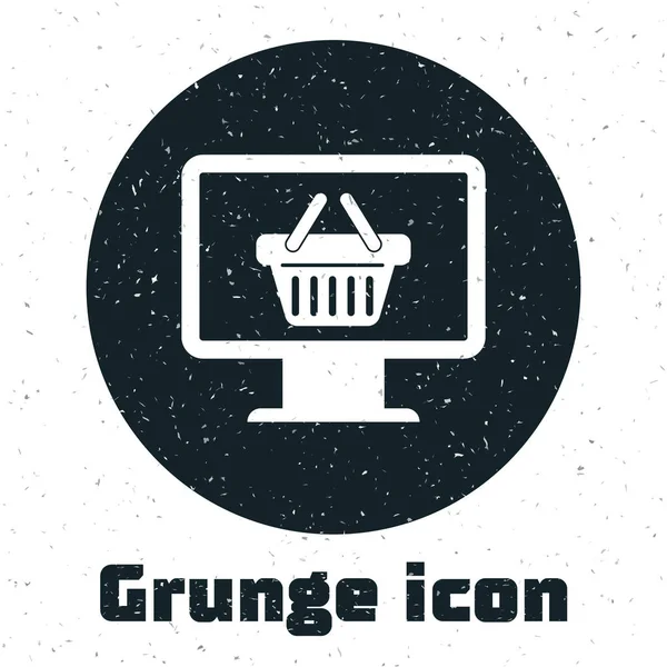Grunge datormonitor med varukorg ikon isolerad på vit bakgrund. Online kundvagn. Stormarknad korg symbol. Vektor illustration — Stock vektor