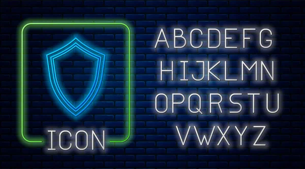 Gloeiende neon Shield icoon geïsoleerd op bakstenen muur achtergrond. Guard Sign. Neon licht alfabet. Vector illustratie — Stockvector