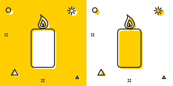 Icono de vela Black Burning aislado sobre fondo amarillo y blanco. Vela encendida a la antigua. Válvula cilíndrica aromática con llama ardiente. Formas dinámicas aleatorias. Ilustración vectorial — Vector de stock