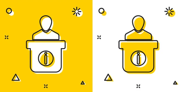 Icono de escritorio negro aislado sobre fondo amarillo y blanco. Hombre silueta de pie en el mostrador de información. Símbolo de ayuda. Contador de información. Formas dinámicas aleatorias. Ilustración vectorial — Vector de stock