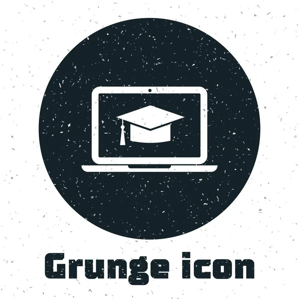 Grunge-Mütze auf dem Bildschirm Laptop-Symbol isoliert auf weißem Hintergrund. Online-Lernen oder E-Learning-Konzept. Vektorillustration — Stockvektor