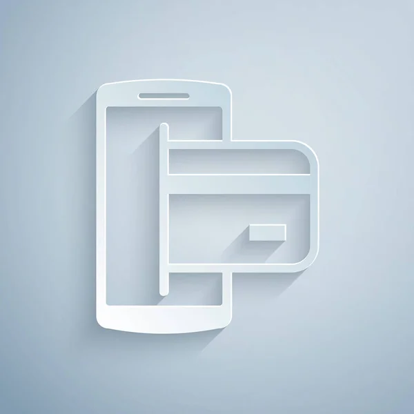 Papír vágott NFC fizetési ikon izolált szürke háttér. MobilFizetés. NFC smartphone koncepció. Átvitel ikonja. Papírművészeti stílus. Vektoros illusztráció — Stock Vector