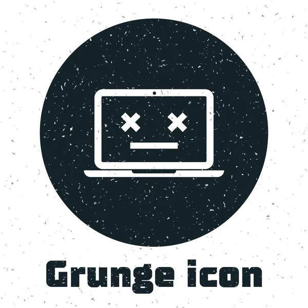 Grunge Dead icono portátil aislado sobre fondo blanco. Error 404 como portátil con emoji muerto. Error fatal en el sistema de PC. Ilustración vectorial — Archivo Imágenes Vectoriales