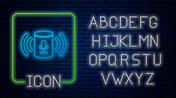 Gloeiende neon Voice Assistant pictogram geïsoleerd op bakstenen muur achtergrond. Voice Control gebruikersinterface Smart speaker. Neon licht alfabet. Vector illustratie — Stockvector