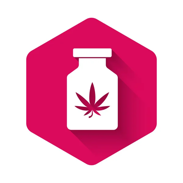 White Medical bottle with marijuana or cannabis leaf icon isolated with long shadow. Mock up of cannabis oil extracts in jars. Pink hexagon button. Vector Illustration — Stock Vector