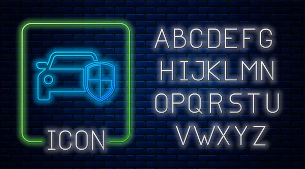 Gloeiende neon auto bescherming of verzekering icoon geïsoleerd op bakstenen muur achtergrond. Bescherm het schild van de auto bescherming. Pictogram voor de veiligheids badge. Beveiliging auto label. Neon licht alfabet. Vector illustratie — Stockvector