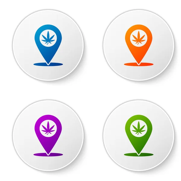 Színes térkép mutató és marihuána vagy cannabis levél ikon elszigetelt fehér alapon. Kenderszimbólum. Állítsa ikonok kör gombok. Vektorillusztráció — Stock Vector