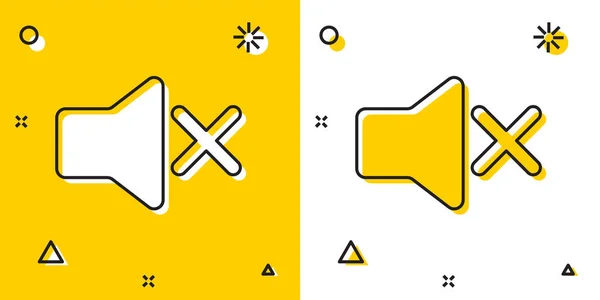 Altavoz negro silencioso icono aislado sobre fondo amarillo y blanco. No hay icono de sonido. Símbolo de volumen. Formas dinámicas aleatorias. Ilustración vectorial — Archivo Imágenes Vectoriales
