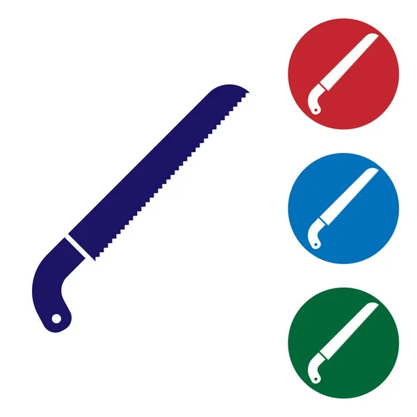 Icono de sierra Blue Garden aislado sobre fondo blanco. Establecer el icono de color en botones de círculo. Ilustración vectorial — Vector de stock