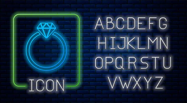 Glödande Neon diamant förlovningsring ikon isolerad på tegelvägg bakgrund. Neonljus alfabetet. Vektor illustration — Stock vektor