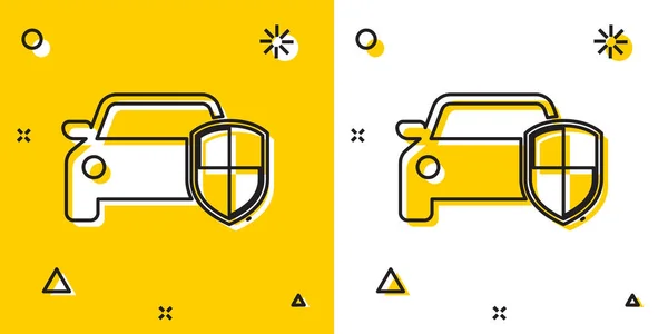 黑色汽车保护或保险图标隔离在黄色和白色背景。保护汽车防护罩。安全徽章车辆图标。安全自动标签。随机动态形状。矢量插图 — 图库矢量图片