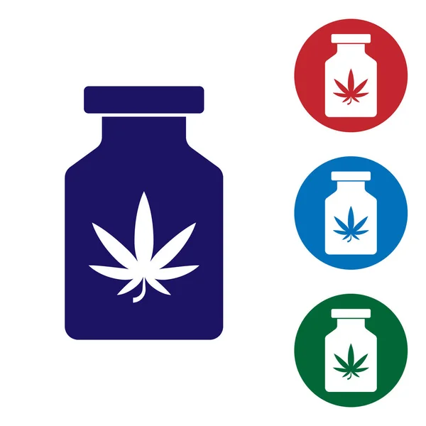 Blue Medical bottle with marijuana or cannabis leaf icon isolated on white background. Mock up of cannabis oil extracts in jars. Set color icons in circle buttons. Vector Illustration — Stock Vector