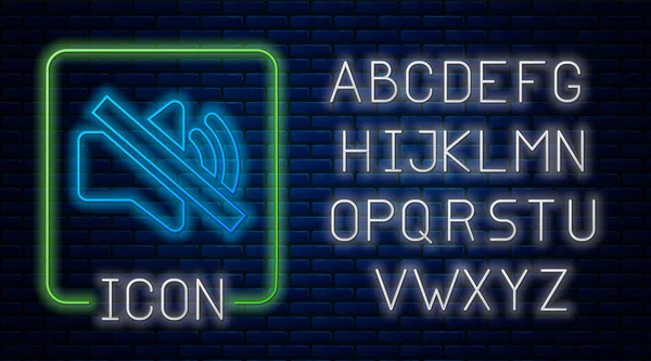 Icona luminosa al neon Speaker muto isolato su sfondo muro di mattoni. Nessuna icona sonora. Simbolo Volume Off. Alfabeto della luce al neon. Illustrazione vettoriale — Vettoriale Stock