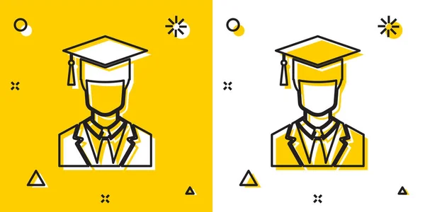 Preto Masculino perfil estudante de pós-graduação com vestido e ícone de boné de graduação isolado no fundo amarelo e branco. Formas dinâmicas aleatórias. Ilustração vetorial —  Vetores de Stock