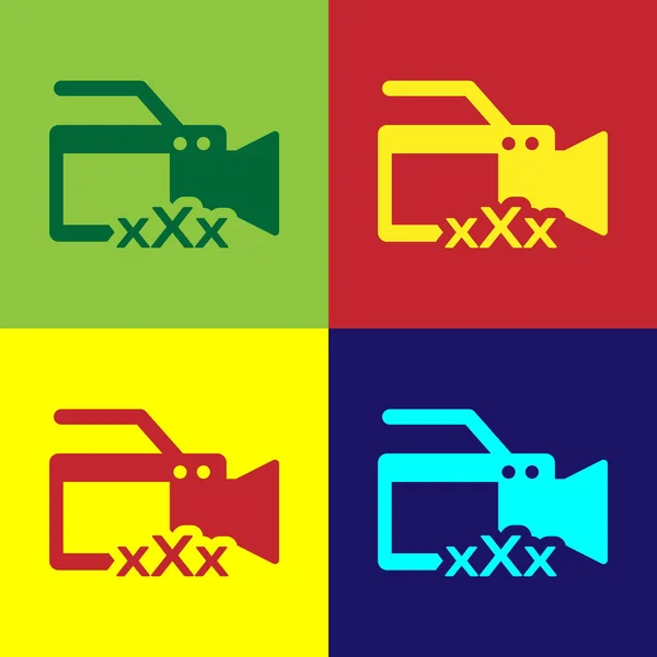 Farbvideokamera mit Beschriftung xxx-Symbol isoliert auf farbigem Hintergrund. Symbol für Altersbeschränkung. 18 plus Content-Zeichen. Erwachsenensender. Vektorillustration — Stockvektor