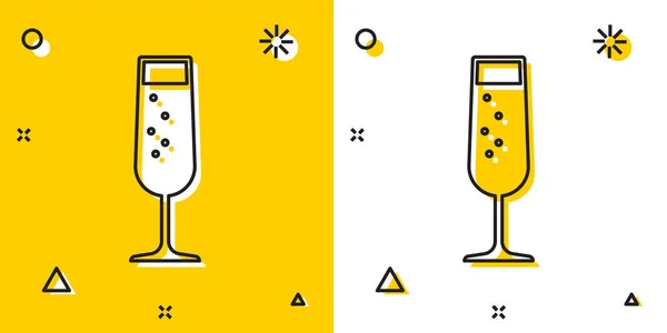 Verre noir d'icône champagne isolé sur fond jaune et blanc. Formes dynamiques aléatoires. Illustration vectorielle — Image vectorielle