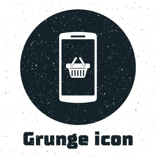 Grunge-Einkaufskorb auf dem Bildschirm Smartphone-Symbol isoliert auf weißem Hintergrund. Konzept E-Commerce, E-Business, Online Business Marketing. Vektorillustration — Stockvektor