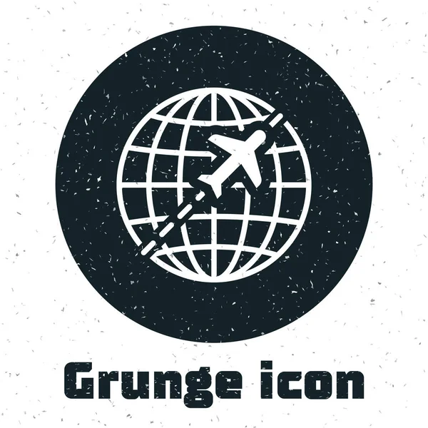 Grunge-Globus mit fliegendem Flugzeug-Symbol auf weißem Hintergrund. Flugzeuge fliegen um den Planeten Erde. Flugzeug-Ikone. Vektorillustration — Stockvektor