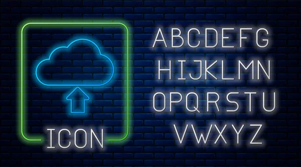 Brillante neon Cloud icona di download isolato su sfondo muro di mattoni. Alfabeto della luce al neon. Illustrazione vettoriale — Vettoriale Stock
