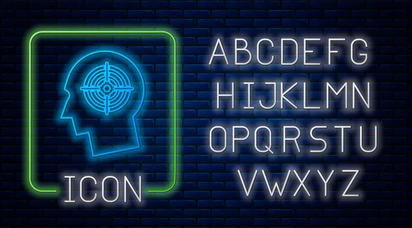 Brilhante neon ícone conceito de caça cabeça isolado no fundo da parede de tijolo. Alvo de negócio ou sinal de emprego. Recursos humanos e recrutamento para as empresas. Alfabeto claro de néon. Ilustração vetorial — Vetor de Stock