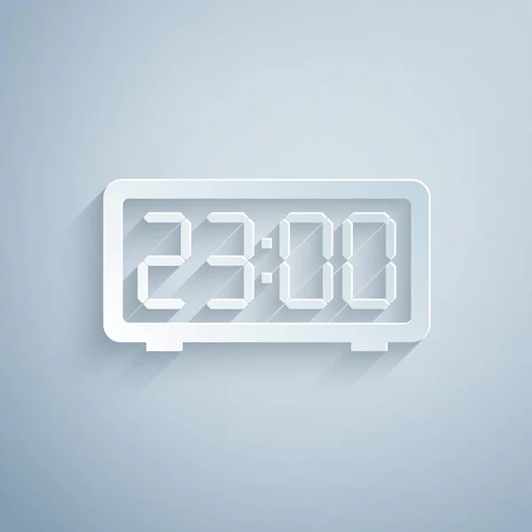 Corte de papel Icono de despertador digital aislado sobre fondo gris. Reloj despertador electrónico. Icono de tiempo. Estilo de arte de papel. Ilustración vectorial — Archivo Imágenes Vectoriales