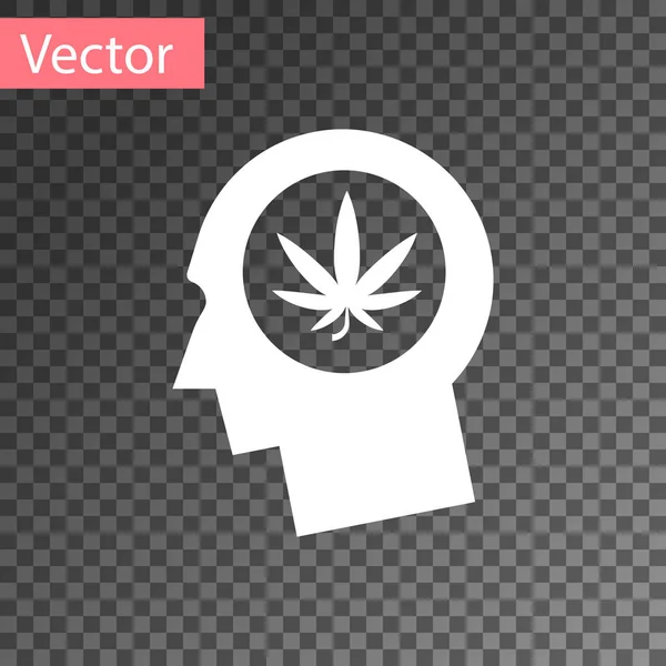 Weiße Silhouette des männlichen Kopfes im Profil mit Marihuana oder Cannabisblatt-Symbol auf transparentem Hintergrund. Marihuana-Legalisierung. Hanf-Symbol. Vektorillustration — Stockvektor