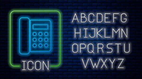 Lumineux néon Icône de téléphone isolé sur fond de mur de briques. Téléphone fixe. Alphabet néon. Illustration vectorielle — Image vectorielle