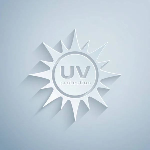 Icona di protezione UV tagliata su sfondo grigio. Radiazioni ultraviolette. Segno solare SPF. Stile cartaceo. Illustrazione vettoriale — Vettoriale Stock