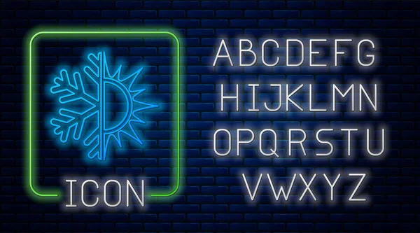 Néon brilhante Símbolo quente e frio. Sol e floco de neve ícone isolado no fundo da parede de tijolo. Símbolo de inverno e verão. Alfabeto claro de néon. Ilustração vetorial — Vetor de Stock