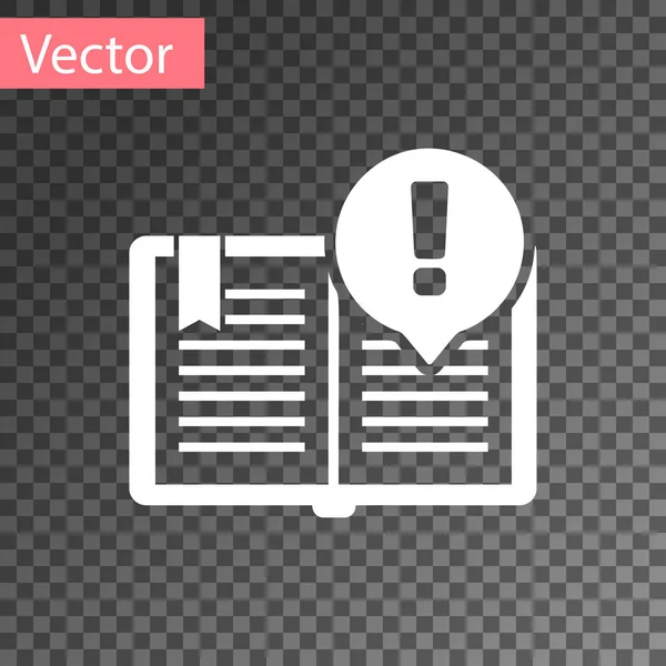 Blanco Datos interesantes icono aislado sobre fondo transparente. Signo de libro o artículo. Signo de signo de exclamación. Ilustración vectorial — Vector de stock