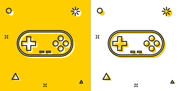 Icono de Gamepad negro aislado sobre fondo amarillo y blanco. Controlador de juego. Formas dinámicas aleatorias. Ilustración vectorial — Archivo Imágenes Vectoriales