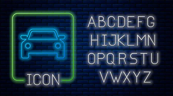 Gloeiende neon auto icoon geïsoleerd op bakstenen muur achtergrond. Neon licht alfabet. Vector illustratie — Stockvector