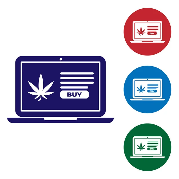 Blue Laptop y marihuana medicinal o icono de la hoja de cannabis aislado sobre fondo blanco. Símbolo de compra online. Cesta del supermercado. Establecer iconos de color en botones de círculo. Ilustración vectorial — Archivo Imágenes Vectoriales