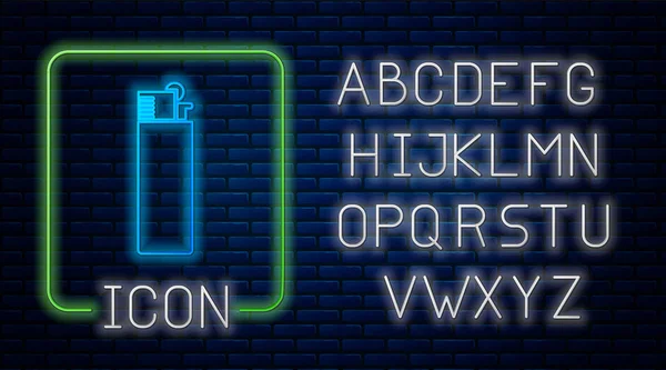 Glowing neon Lighter icon isolated on brick wall background. Neon light alphabet. Vector Illustration — Stock Vector