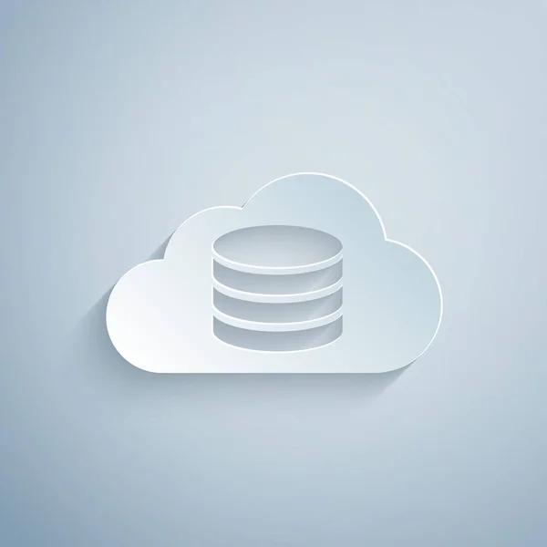 Corte de papel Icono de base de datos Cloud aislado sobre fondo gris. Concepto de computación en nube. Servicio digital o aplicación con transferencia de datos. Estilo de arte de papel. Ilustración vectorial — Vector de stock