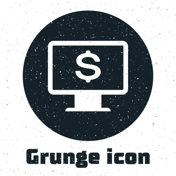 Grunge Moniteur d'ordinateur avec icône dollar isolé sur fond blanc. Internet concept de sécurité financière, protection de la finance en ligne. Illustration vectorielle — Image vectorielle