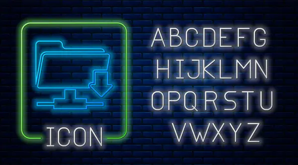 Lumineux néon dossier FTP icône de téléchargement isolé sur fond de mur de briques. Mise à jour logicielle, protocole de transfert, routeur, gestion des outils de travail d'équipe, processus de copie. Alphabet néon. Illustration vectorielle — Image vectorielle