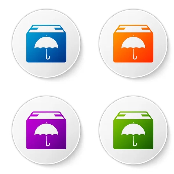 Χρώμα παράδοση πακέτο με ομπρέλα σύμβολο εικονίδιο απομονωθεί σε λευκό φόντο. Χαρτοκιβώτιο δεμάτων με ομπρέλα. Υλικοτεχνική και παράδοση. Ορίστε εικονίδια σε κυκλικά κουμπιά. Απεικόνιση διανυσματικών φορέων — Διανυσματικό Αρχείο