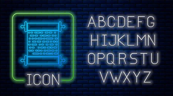 Ícone de rolo de papel de néon brilhante isolado no fundo da parede de tijolo. Sinal de rolagem de lona. Alfabeto claro de néon. Ilustração vetorial — Vetor de Stock