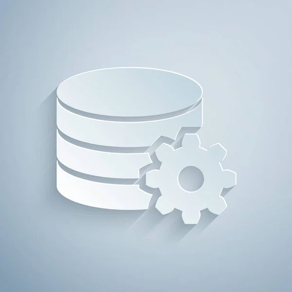 Papier knippen instelling database server pictogram geïsoleerd op grijze achtergrond. Database Center. Papier kunststijl. Vector illustratie — Stockvector