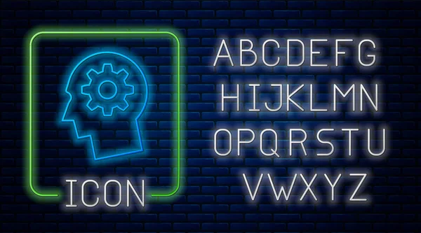 Świecąca neonowa ludzka głowa z narzędzi wewnątrz ikony izolowane na tle muru ceglanego. Sztuczna inteligencja. Myślenie znak mózgu. Symbol pracy mózgu. Neon światła alfabetu. Ilustracja wektorowa — Wektor stockowy