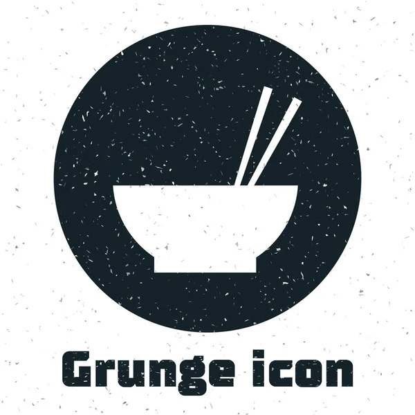 Grunge-Schüssel mit asiatischem Essen und Essstäbchen Silhouette Symbol isoliert auf weißem Hintergrund. Konzept der Zubereitung, östliche Ernährung. Vektorillustration — Stockvektor