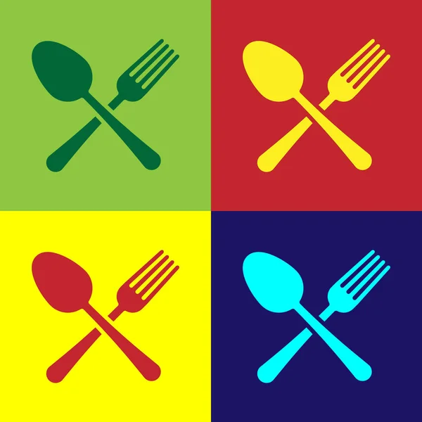 Färgkorsad gaffel och sked ikon isolerad på färg bakgrund. Köksredskap. Bestickskylt. Vektor illustration — Stock vektor