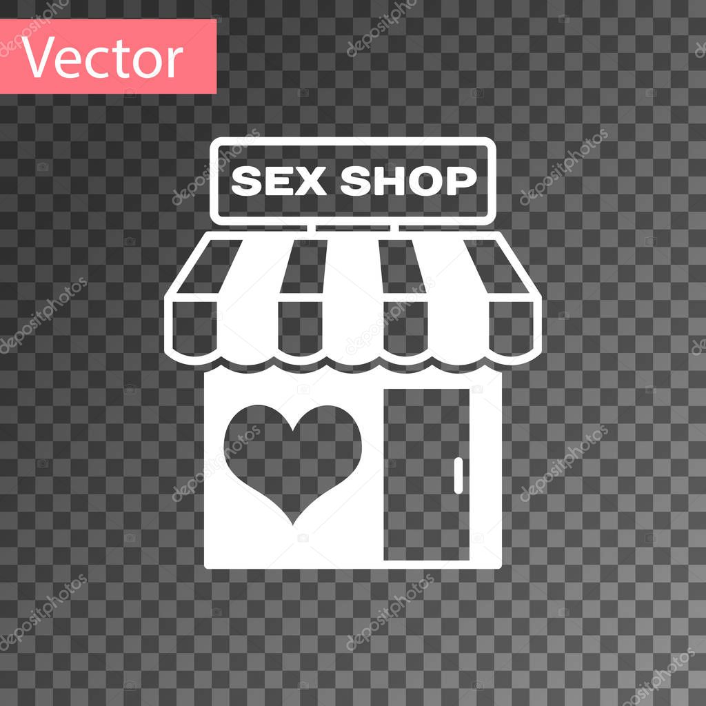 White Sex shop building with striped awning icon isolated on transparent background. Sex shop, online sex store, adult erotic products concept. Vector Illustration