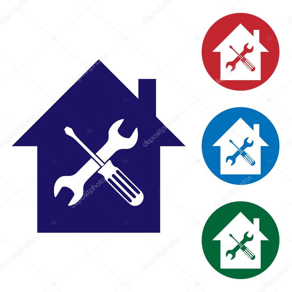 Blue House or home with screwdriver and wrench icon isolated on white background. Adjusting, service, setting, maintenance, repair, fixing. Set color icon in circle buttons. Vector Illustration