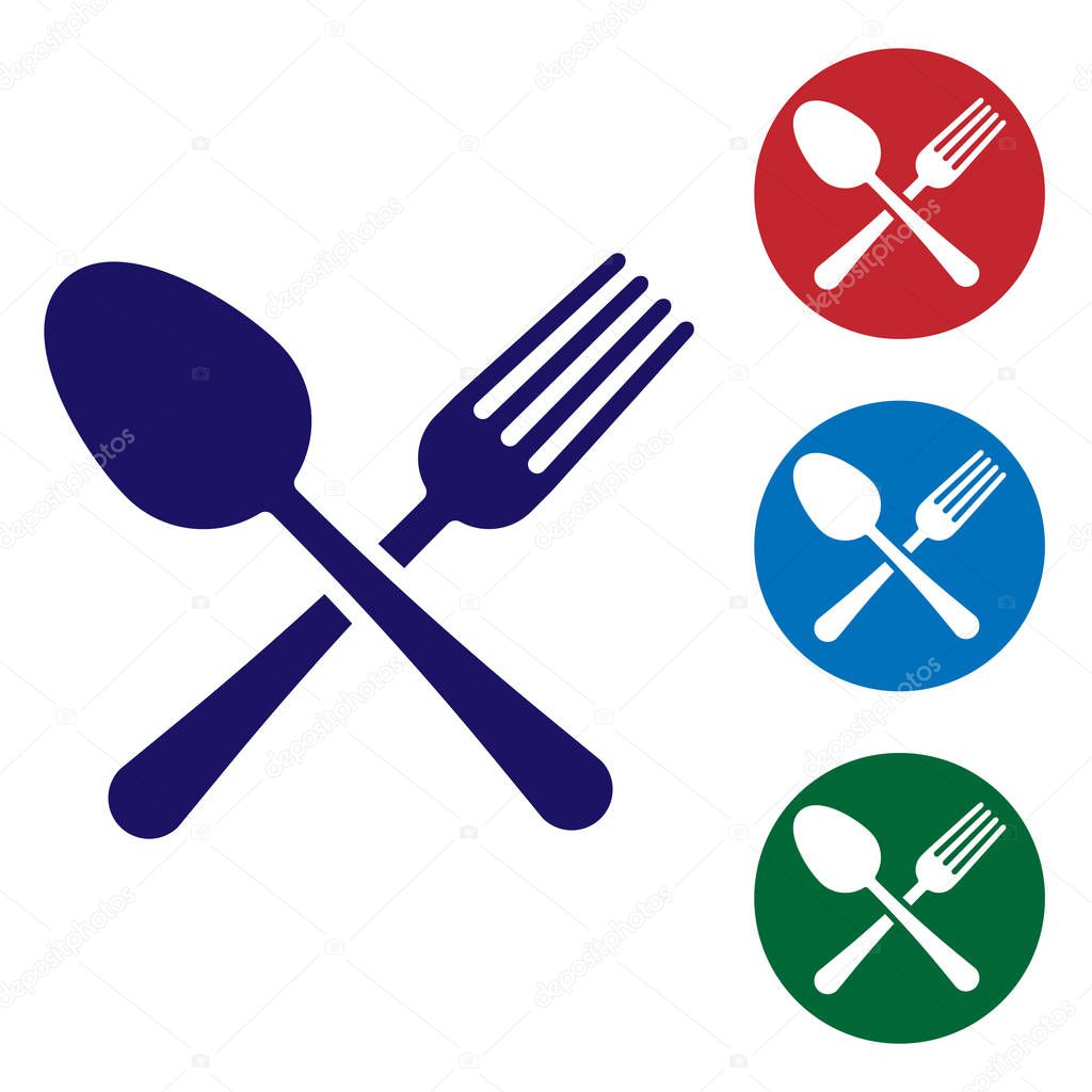 Blue Crossed fork and spoon icon isolated on white background. Cooking utensil. Cutlery sign. Set color icon in circle buttons. Vector Illustration