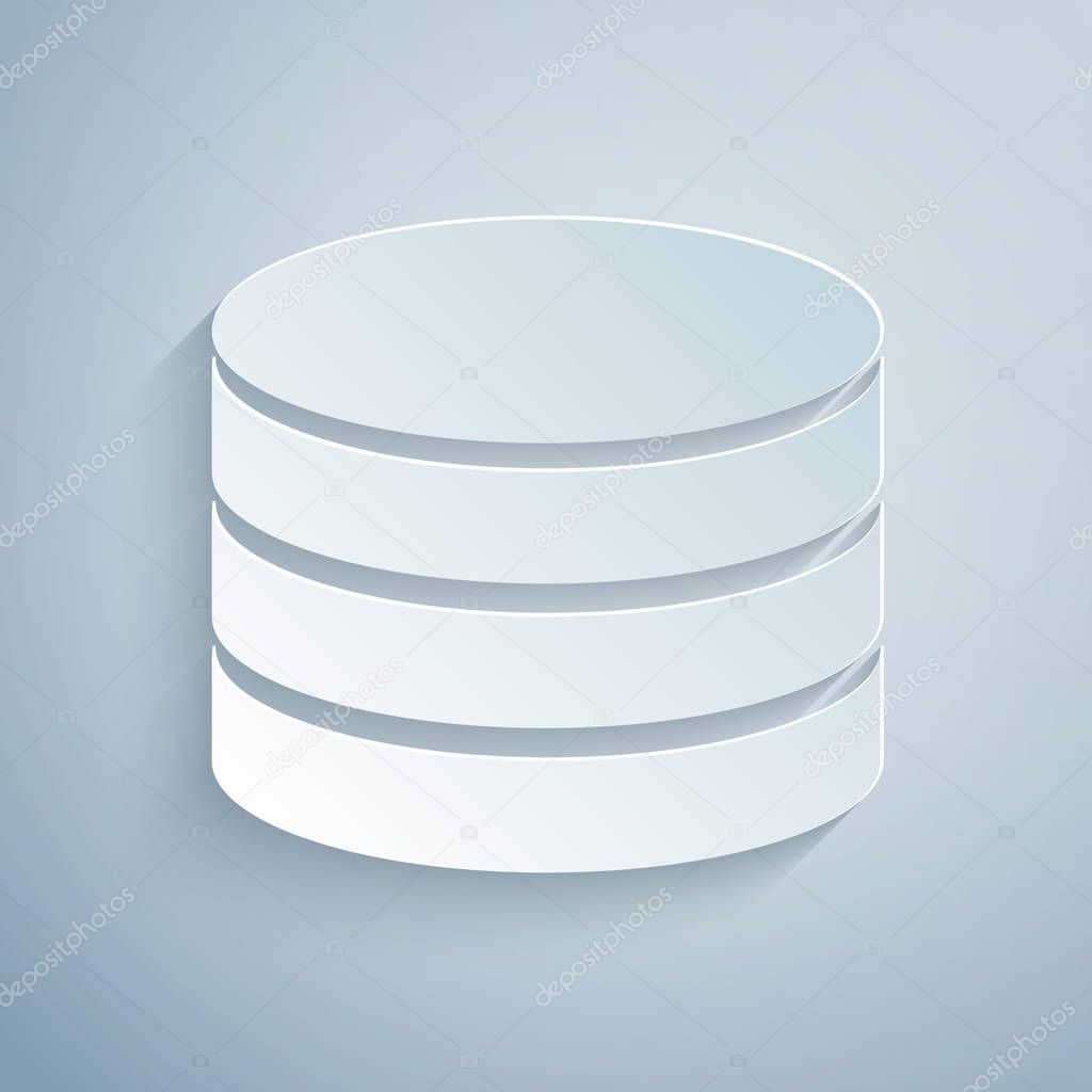 Paper cut Database icon isolated on grey background. Network databases, disc with progress bar. Backup concept. Paper art style. Vector Illustration