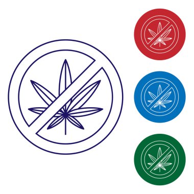 Mavi Stop esrar veya esrar yaprağı simgesi beyaz arka plan üzerinde izole. Esrar içmek yok. Kenevir sembolü. Renk simgelerini daire düğmelerinde ayarlayın. Vektör İllüstrasyonu