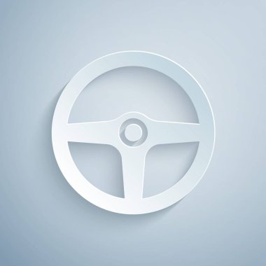 Kağıt kesiği direksiyon simgesi gri arka planda izole edilmiş. Araba tekeri ikonu. Kağıt sanatı tarzı. Vektör İllüstrasyonu