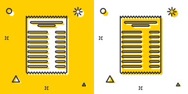 Siyah kağıt kontrolü ve mali kontrol ikonu sarı ve beyaz arka planda izole edildi. Kağıt baskı çeki, makbuz ya da fatura. Rastgele dinamik şekiller. Vektör İllüstrasyonu